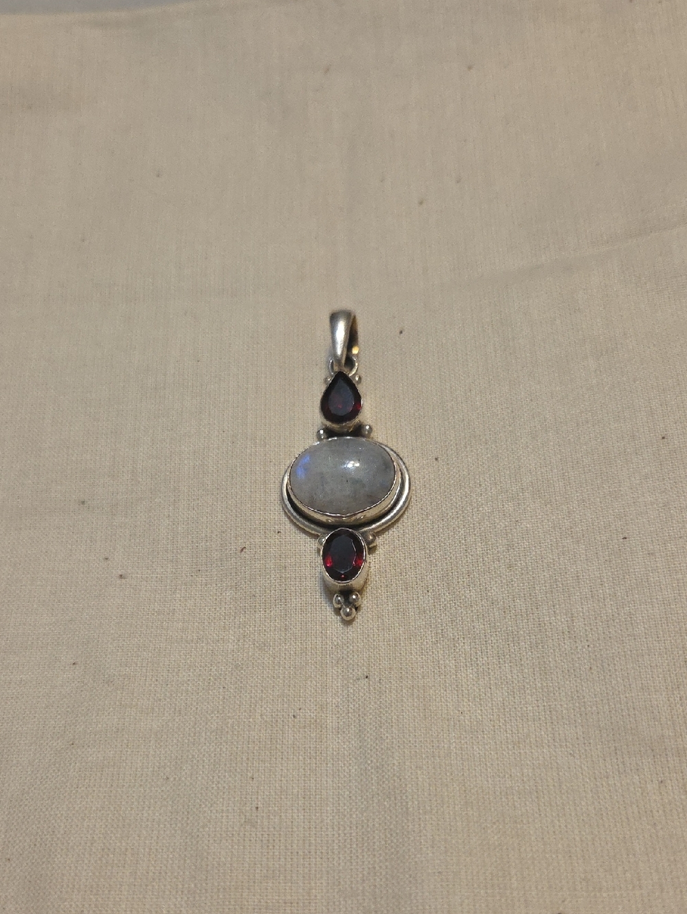 Silver Moonstone and Garnet Drop Pendant - Silver